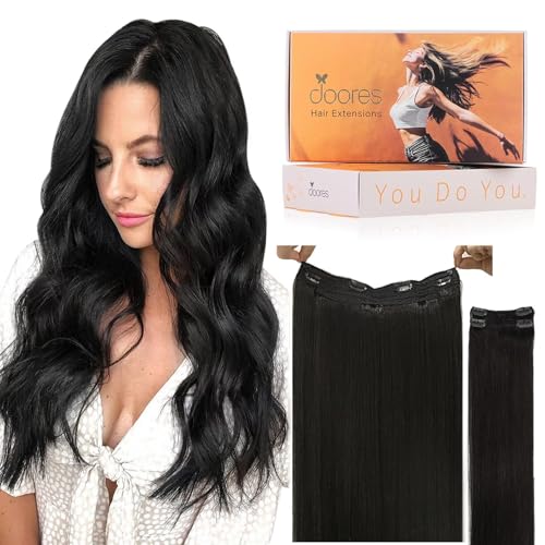 Image of DOORES Wire Hair Extensions, Natural Black 12 Inch 70g Fish Line Weft Extensions and 2pcs 30g Clip ins, 100g Invisible Wire Real Remy Human Weft Straight Transparent Seamless Hairpiece