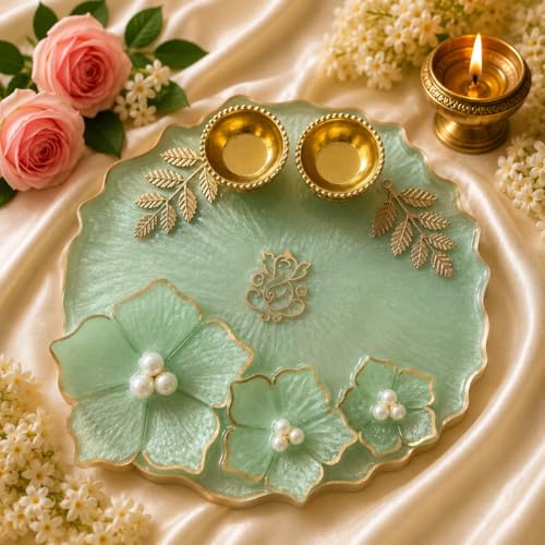 Handmade 8 Inch Resin Pooja Thali with 2 Roli Chawal Holder | Decorative Puja Thali for Diwali, Rakhi, Karwa Chauth & Home Temple | Premium Resin Plate with 3D Floral Design (Pastel Green)