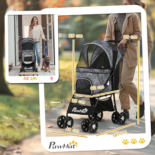 PawHut Hundewagen, faltbarer Hundebuggy, Hundetrolley mit Kissen, Katzenbuggy, Katzenwagen mit 4 Rädern, Netzfenster, Stauraum für kleine Hunde, Katzen, 600D Oxford, Schwarz