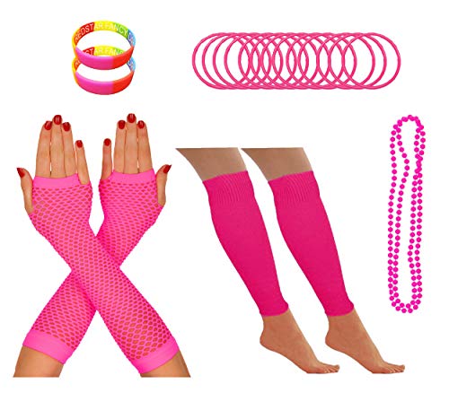 Redstar Fancy Dress - Tenue Fluo Style années 1980 - guêtres/Mitaines résille/Collier de Perles/Bracelets en Caoutchouc/Bracelets Fluo - fête - Rose