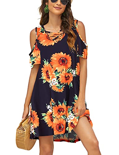 Image of Bluetime Women Cold Shoulder Summer Dress | Short Sleeve Casual Loose Swing Dress, Outfits for Vacation, Beach, Cocktail, Party, Wedding, Work, Casual, Date, Concert