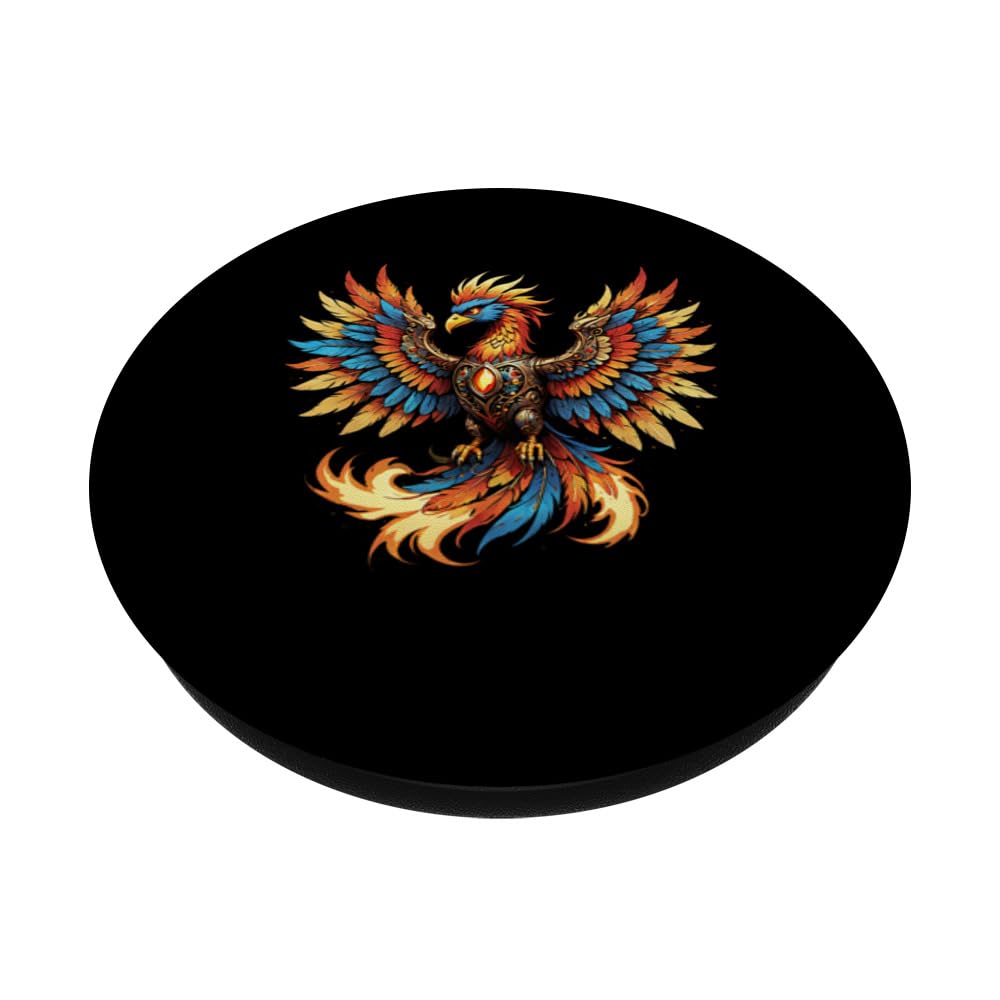 Illustrated Vintage Steampunk Flaming Phoenix Rising PopSockets Swappable PopGrip, Black - Image 2