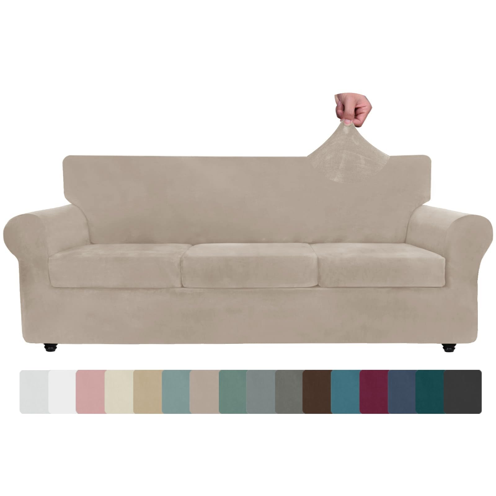 ZNSAYOTX Oversized Velvet Couch Cover 4 Piece (92"-115") Stretch Sofa Covers for 3 Cushion Couch Thick Soft XL-Slipcover with Non Slip Strap, Dog Pet