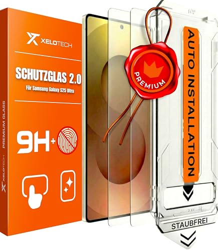 XeloTech Schutzglas für Samsung Galaxy S25 ULTRA - Aus Panzerglas - Automatische Ausrichtung mit neuer Antistaub-Schablone 2 Gläser Extra Hart 9H+