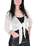 Ladies Popcorn Style Crochet Plain Stretch Fish Net Tie at Waist Bolero Shrug Open Cardigan (One Size, Ivory)