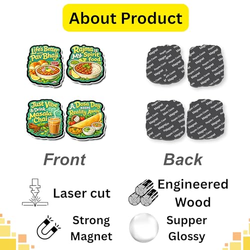 Image of Regalo Casila Indian Food Quotes Fridge Magnet 4 Pc Set Tourism Souvenir Wooden Travel Magnet Pav Bhaji Rajma Chai Dosa Refrigerator Magnet Decorative Kitchen Decor Gift