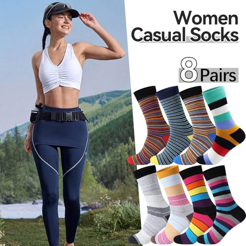 NKMOOS Colorful Striped Socks Women Cotton,Thin Women's Crew Socks Size 7-9,Fashion Funny Novelty Classic Soft Cozy Casual Breathable Work Holiday or Birthday Gifts for Women Sock for Trouser 8 Pairs — view 3