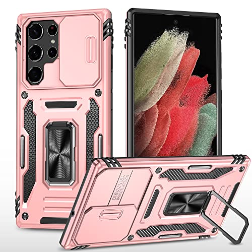 2023 New CASE for Samsung Galaxy S22 Ultra Case with Kickstand & Camera Cover,Built-in [2 Stand Way] Ring Magnetic Stand,2 Layer Shockproof Drop Protective Phone Case Samsung S22 Ultra(Rose Gold)