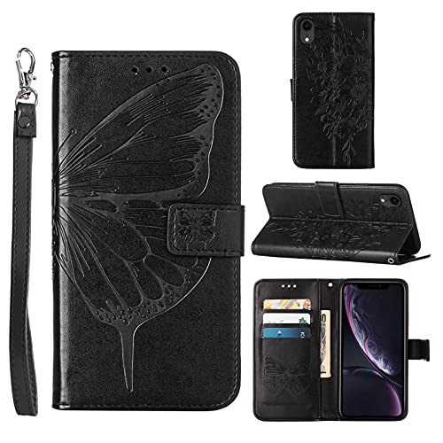 Phone Case for iPhone XR Wallet,Card Holder [Kickstand][Wrist Strap] Butterfly Floral Embossed for Women PU Leather Flip Protective Cover for iPhone XR Cases 2021 (Black)