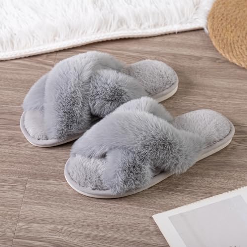 Image of Enteer Women's Slipper Memory Foam Cross Band Fuzzy Slippers Open Toe Cozy House Slippers Cozy Plush Bedroom Indoor Outdoor