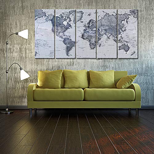 Image of iKNOW FOTO 5 Pieces Vintage World Map Canvas Prints Push Pin Wall Art Decor Trace Travel Marks The Map of The World Antique Framed Picture for Living Room Office 16x40inx5