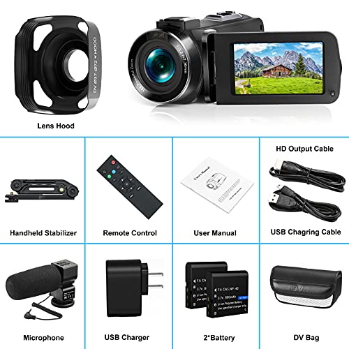 Videocámara Camcorder 2.7K Full HD 36MP IR Night Vision Vlogging Videocámara para Youtube,Zoom Digital 16X, Pantalla táctil LCD de 3,0 Pulgadas,Estabilizador Mano, Mando Distancia,2 Batería