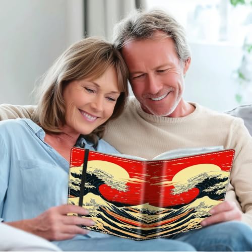 Image of Photo Album 4x6 120 Photos with Strong Elastic Band, Red Sun Ocean Wave | Large Capacity Premium Leather Picture Album, Portable Wallet Albums Photo Book for Family Anniversaries Wedding Baby