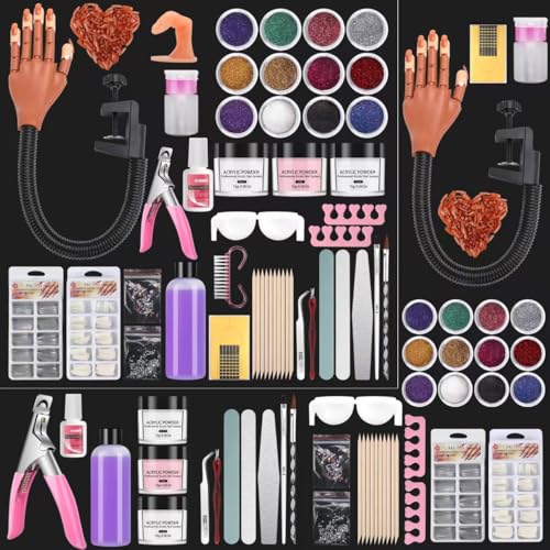 Nail Practice Hand for Acrylic Nail Kit, Fake Nail Mannequin Hand for Nails Practicing, Nail Training Finger with Acrylic Nail Kit Powder Nail Art Tools Professional Nail Starter Set
