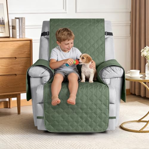 Image of TAOCOCO 100% Waterproof Recliner Covers, Recliner Sofa Covers with Leg Straps, Reversible Recliner Couch Cover for Reclining Chair, Washable Couch Protector for Pets Kids(1 Seater 28 inch, Moss Green)