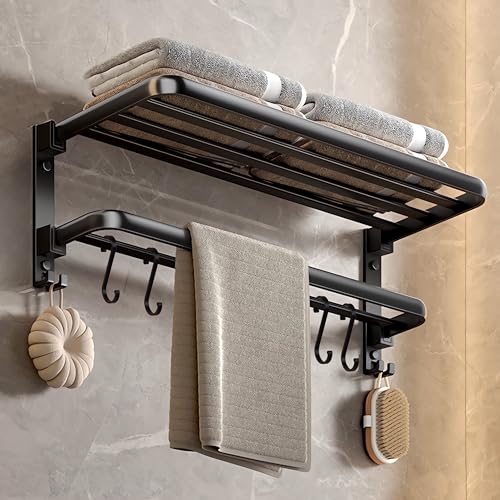Ruimooto Porte-Serviettes sans perçage,Barre de Serviettes de Douche Mural,Double Support de Serviettes Pliable à 90°,Étagère à Serviettes avec 4...