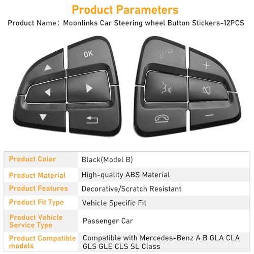 Image of Moonlinks Steering Wheel Button Covers Trim Stickers Fit Mercedes Benz A | For B GLA CLA GLS GLE CLS SL Class Steering Wheel Button lnner Decoration Sticker 12PCS, Black (Model B)