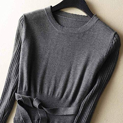 Image of Women's Long Knit Crewneck Sweater Dress Tie Waist A-Line Swing Pleated Bodycon