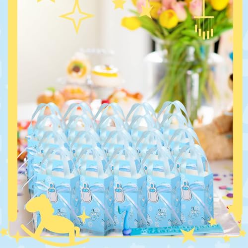 شنط هدايا للحفلات، 24 قطعة من اكياس الهدايا لتزيين حفلات استقبال المولود، شنط حلوى زرقاء بمقابض للاولاد واعياد ميلاد الاطفال وهدايا حفلات استقبال المولود الجديد، لوازم وهدايا العودة