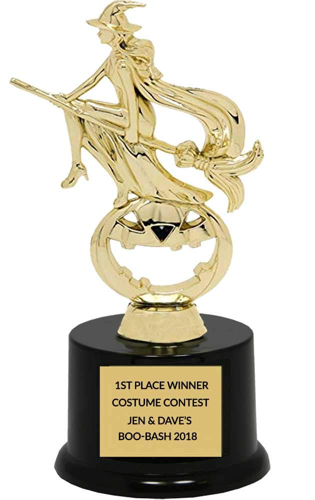 DINN BROS Custom Halloween Trophy, Flying Witch on a Pumpkin - Customize Engraving - 5 3/4 Inch Tall
