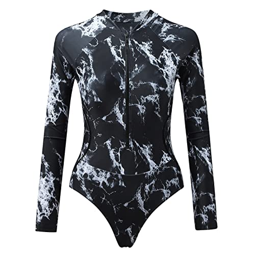 ZDYZDQ Badeanzug Damen Bauchweg Einteiler Bikini Mit V Ausschnitt Monokini Bedruckt Mit Langen äRmeln ReißVerschluss Surfwear Bikini Push Up Bademode Swimsuit High Waist Badeanzug Cover