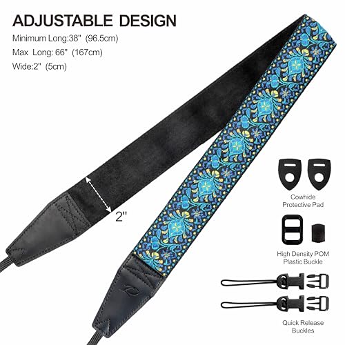 Image of Padwa Lifestyle Camera Strap - 2 inch Full Grain Leather Ends Camera Straps for Photographers, Vintage Embroidered Cotton Weave Soft Suede Fabric Padded Strap Quick Release fits All Cameras