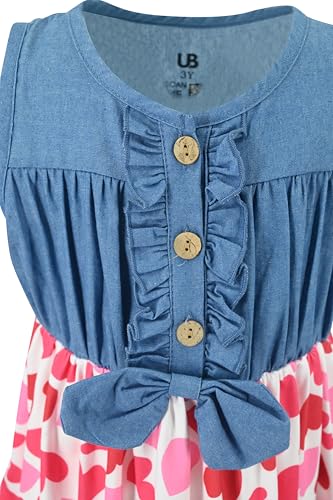 Image of Unique Baby Girls Sleeveless Denim Dress with Knot Tie and Fun Print for Toddler and Big Kids