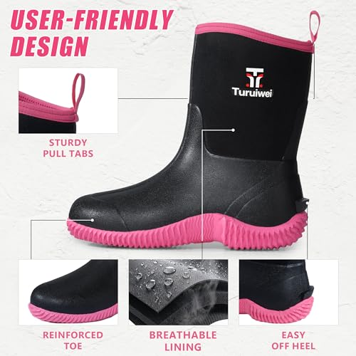 Image of Rubber Boots for Women,Rain Boots with Steel Shank, Waterproof Insulated Mid Calf Neoprene Garden Boots, Anti-slip Outdoor Boots Multi-season