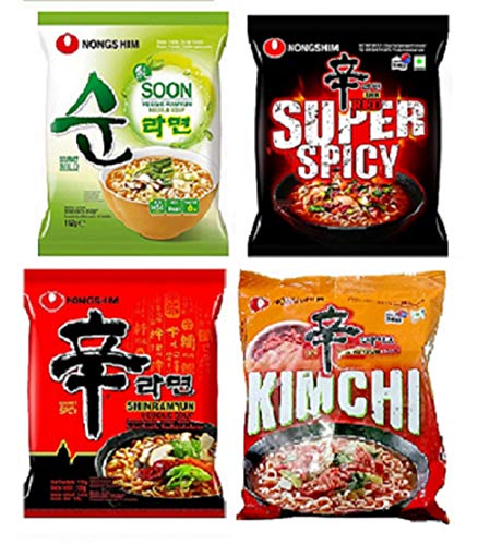 Image of NongShim Shin Ramyun, Red Super Spicy, Kimchi & Veggie Instant Noodles 120 gm *3 Pack and 112 gm X 1 Pack (Pack of 4)