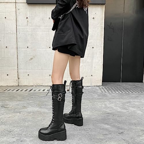 Image of Parisuit Women's Knee High Goth Platform Boots Lace Up Combat Boots | Chunky High Heel, Buckle Boots, Punk Chain Boots