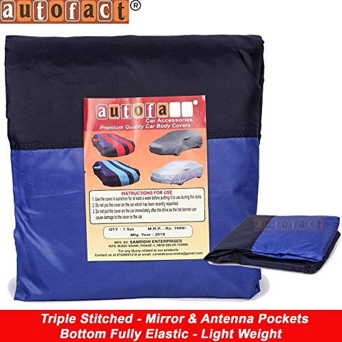 Image of Autofact Car Body Cover for Hyundai Creta with Mirror and Antenna Pocket (Light Weight, Triple Stitched, Heavy Buckle, Bottom Fully Elastic, Royal Blue Stripes with Navy Blue Color)