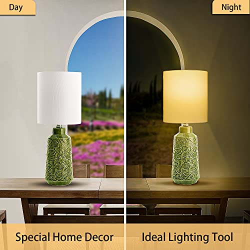 Euo Green Ceramic Table Lamps For Bedroom Living Room, Green Leaves Nightstand Bedside Lamps With White Linen Lamp Shade, Small Bedroom Lamps Green Decor For Home, Office #TOP2