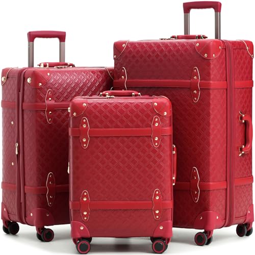 NZBZ Vintage Luggage set Carry on Cute Suitcase with Rolling Spinner Wheels TSA Lock Luggage 3 Pieces (Red, 20inch & 24inch & 28inch) Red 20inch & 24inch & 28inch