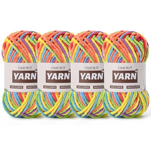 Image of 4 Packs Plush Chenille Chunky Crochet Yarn - Baby Yarn for Crocheting Soft - Velvet Yarns Knitting for Blankets Crafts - Fluffy Amigurumi Yarns 200g /262.5yds (4 Rainbow)