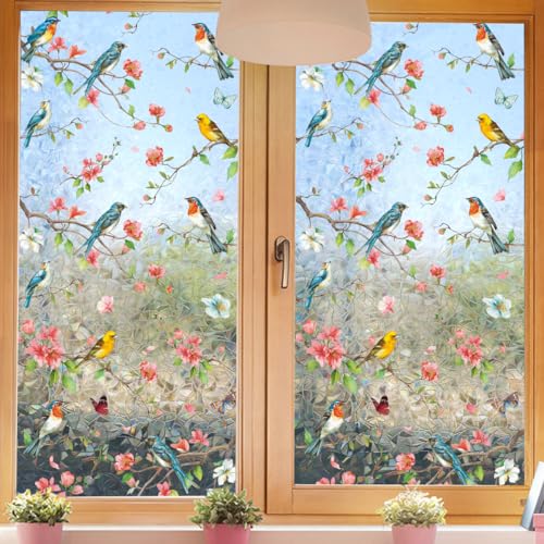 Película Decorativa para Ventana Runtoo Flores y Pájaros