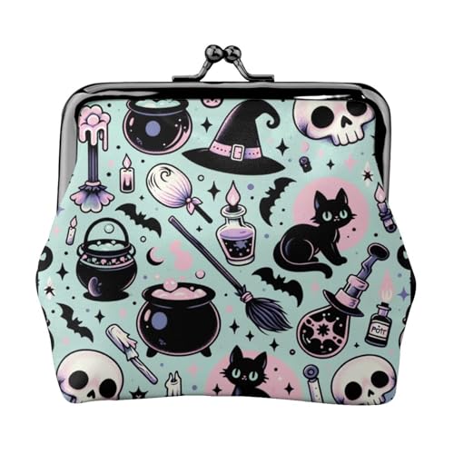 Pu Leather Buckle Coin Purse Halloween-Goth-Witch-Creepy Girls Kiss-Lock Change Purse Wallets