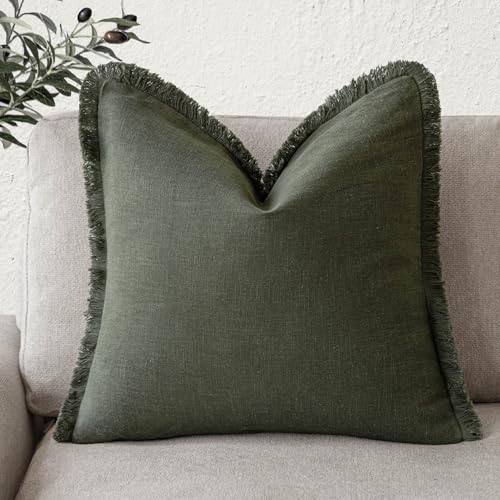 Image of Foindtower Decorative Linen Fringe Throw Pillow Covers Cozy Boho Farmhouse Cushion Cover with Tassels Soft Accent Pillowcase for Chair Sofa Bed Living Room Home Decor, 16x16 Inch, 1PC,Dark Olive Green