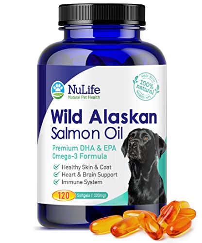 Premium Wild Alaskan Salmon Oil for Dogs – Best Omega 3 Fish Oil Supplements for Dogs – For a Healthy Shiny Coat – Prevents Itchy Skin, Skin Allergies & Shedding – 1000mg – 120 Softgel Capsules