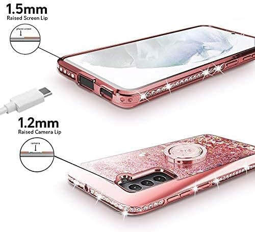 Silverback Miss Arts Galaxy S21 FE Case, Moving Liquid Holographic Glitter Case With Kickstand, Girls Women Bling Diamond Ring Slim Protective Cover for Samsung Galaxy S21 FE -Rose Gold