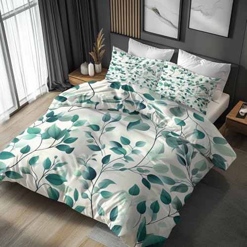 NOGAWA Green Leaf Emperor Duvet Cover Sets - Leaves Bedding Set - Reversible Quilt Cover & 2 Pillowcases with Zip and Ties, Ultra Soft and Non Iron Brushed Microfibre Bed Set 290 x 235