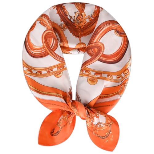Relang Fashion Silk Satin Head Scarf for Women Hair Bandana Hair Scarf Wrap Neck Scarf for Women 27.5×27.5 inches Golden Orange Chain Pattern Satin S