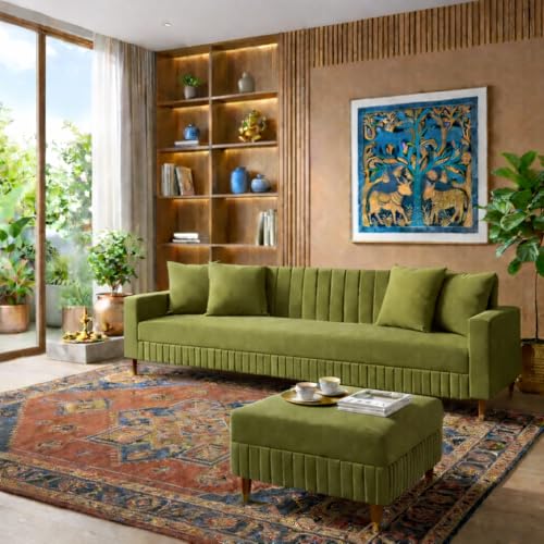 Image of SRMS Solid Wood 4 Seater L Shape Velvet Fabric Sofa Set with Four Cushions | Perfect for Home Office Guests Living Room | Sofa Set for living Room | 74 x 32 x 30 inches | Olive Green