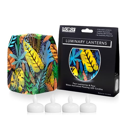 MODGY Luminary Lanterns Candle Holder Decorative Indoor Outdoor Decor, Lanterns for Wedding Centerpiece Decoration Outside Patio 4-Pack, with Flameless Floating LED Candles JungleBoogie