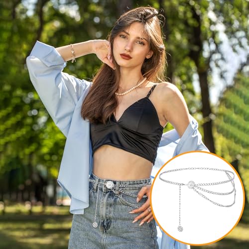 Sliver Chain Belt for Women Multilayer Metal Waist Chain Belts, Fashion Multilayer Adjustable Women Sliver Long Belt Body Belly Jewelry for Dresses Jeans Trousers4
