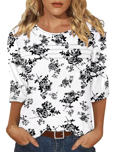 KISSMODA Women's Casual 3/4 Sleeve T-Shirts Round Neck Cute Tunic Tops Basic/Pleated Summer Tops Trendy Spring Blouses