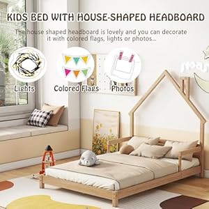 Full size bed frame for kidshouse shaped headboard kids bedgirls bed with handrailslow platform bed for boys girlsno box spring needednatural  urban country home decor