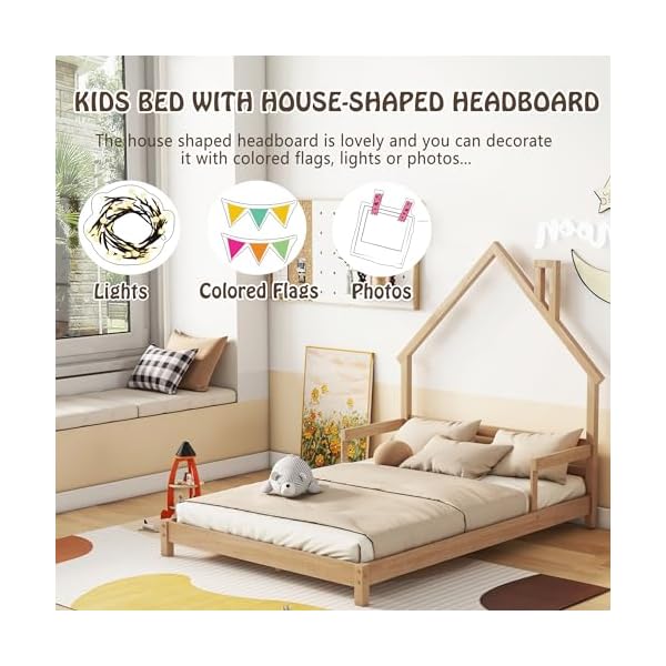 Full size bed frame for kidshouse shaped headboard kids bedgirls bed with handrailslow platform bed for boys girlsno box spring needednatural  urban country home decor