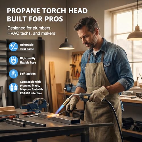 Image of Propane Torch Kit with 4.9-Ft Hose, Adjustable Flame for HVAC | Brass Blow Torch Head 2527F, Propane & MAPP Gas Compatible, Self-Igniting for Easy Startup