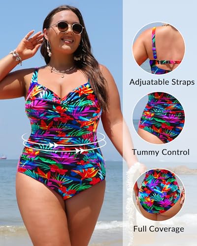 Image of Women Plus Size One Piece Swimsuits Tummy Control Twist Front Bathing Suit | Unremovable Bra, Sweetheart Neckline, Wide Adjustable Straps, Ruched Stomach, Side-Splicing Design, Full Coverage Bottom