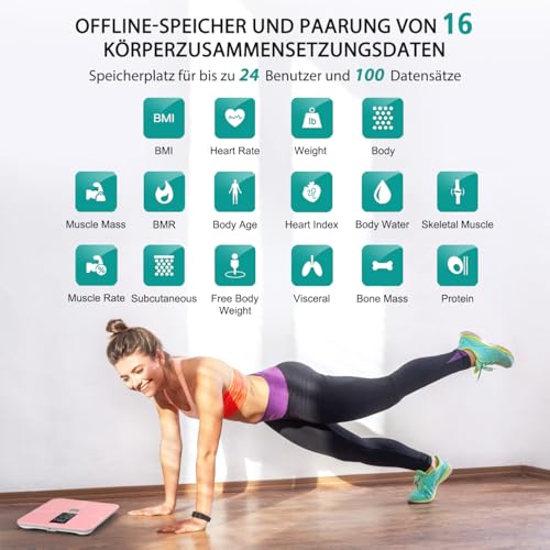 ABLEGRID Wiederaufladbar Körperfettwaage, LED Personenwaage Digital Mit Körperfett Und Muskelmasse Körperfettanalyse, 16 Messungen Der Körperzusammensetzung BMI, Herzfrequenz, 180kg, Rosa 3